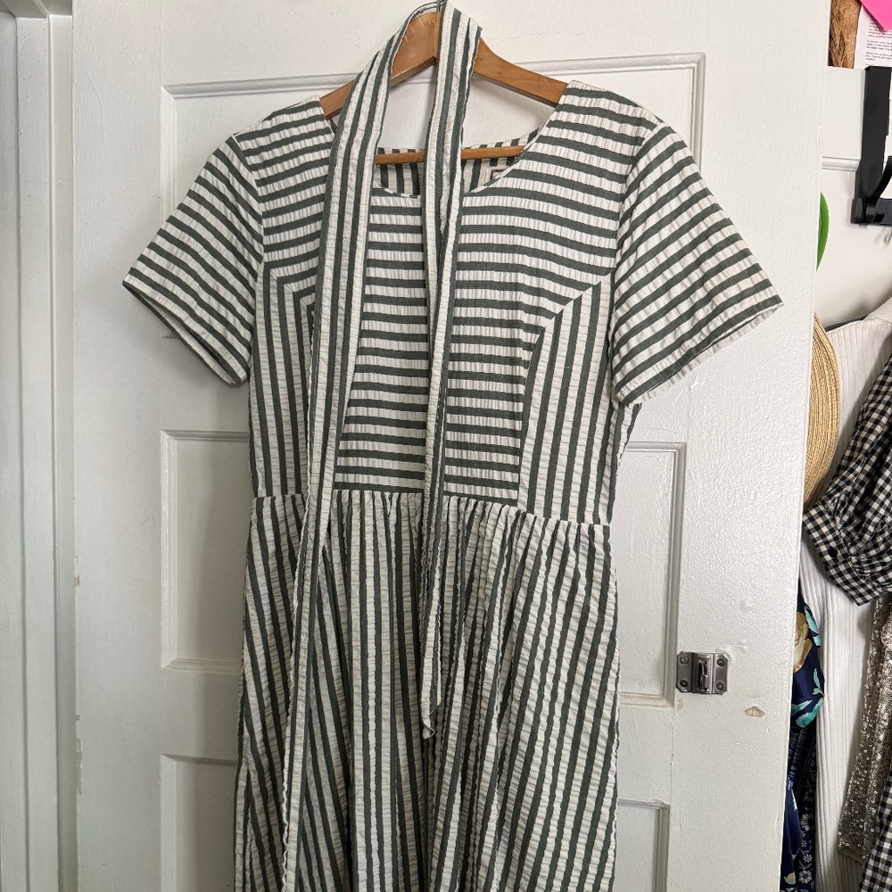 Sage Green and white Striped Seersucker Dress from Mo: Vint